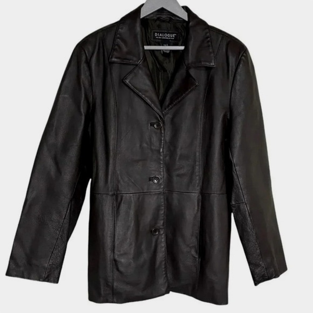 Dialogue women's L brown leather coat jacket pockets hip length Mob Wife Matrix